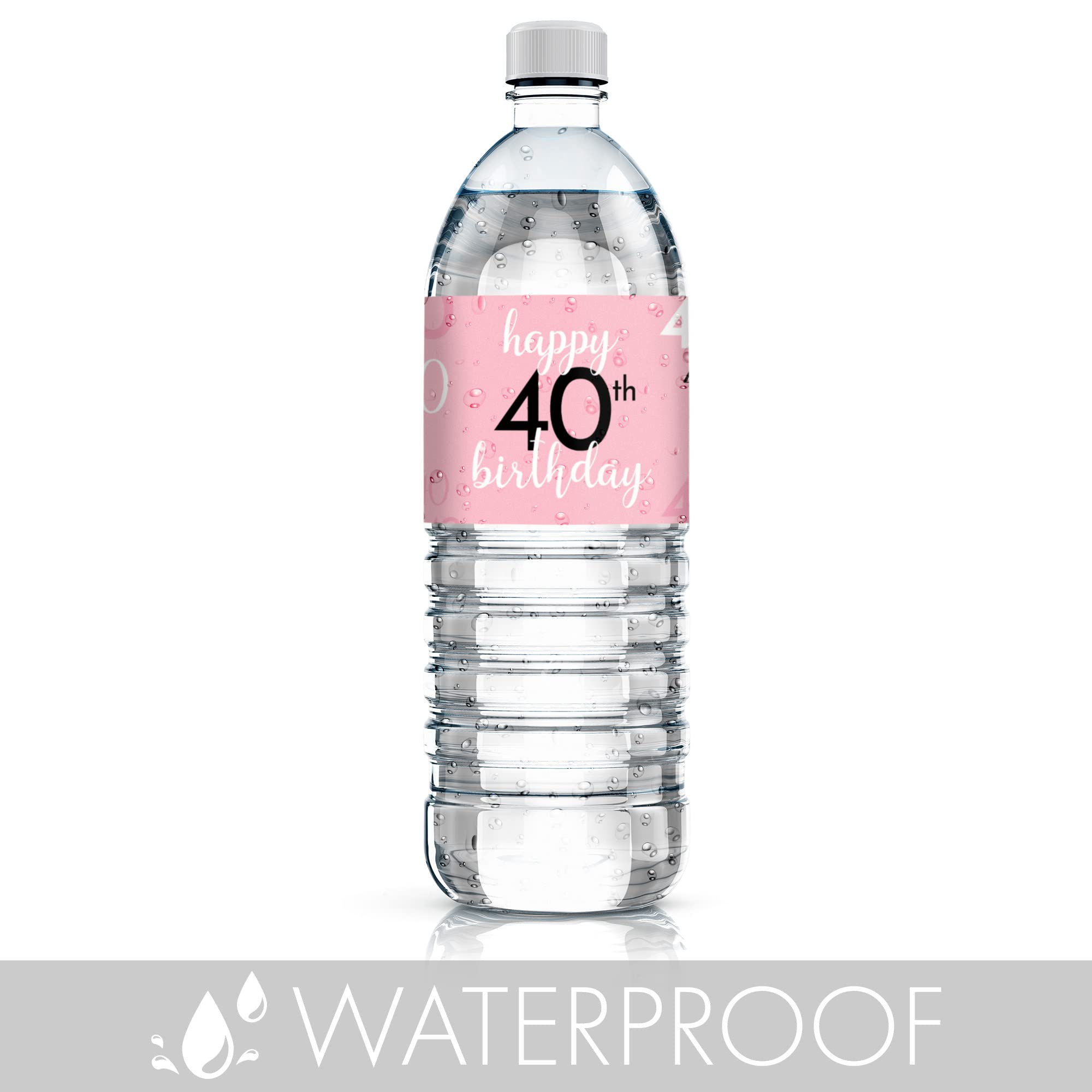 Pink, Black, and White 40th Birthday Party Water Bottle Labels - 24 Waterproof Wrappers, Pink Birthday Decoration for Women