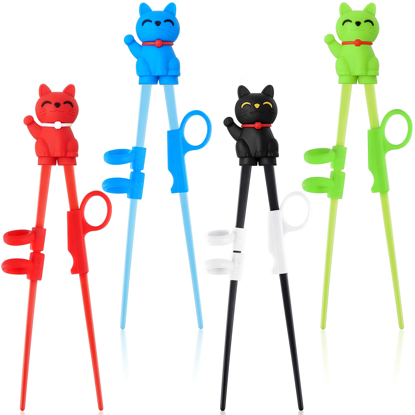 Nuanchu 4 Pairs Training Chopsticks for Kids Beginner Adult Cute Tableware Reusable with Attachable Learning Chopstick Helper, 4 Colors, Lucky Cat