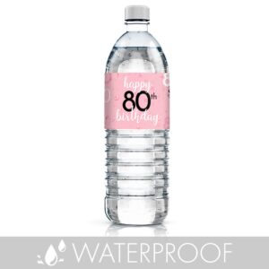 Pink, Black, and White 80th Birthday Party Water Bottle Labels - 24 Waterproof Wrappers, 80th Birthday Decorations for Women