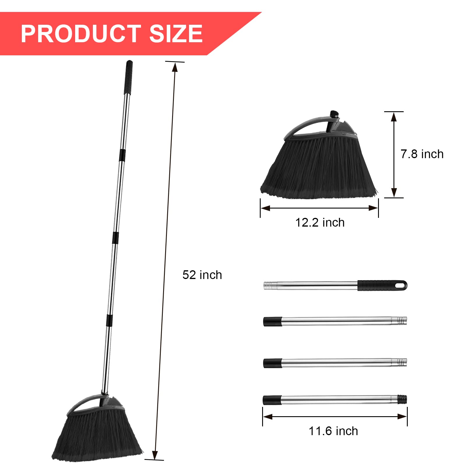 Merkaunis 8 Pcs Heavy Duty Commercial Broom Bulk 52 Inch Indoor Outdoor Broom with Long Handle Heavy Duty Angle Broom with Four-Section Telescopic Rod for Garden Garage House Kitchen Office Floor