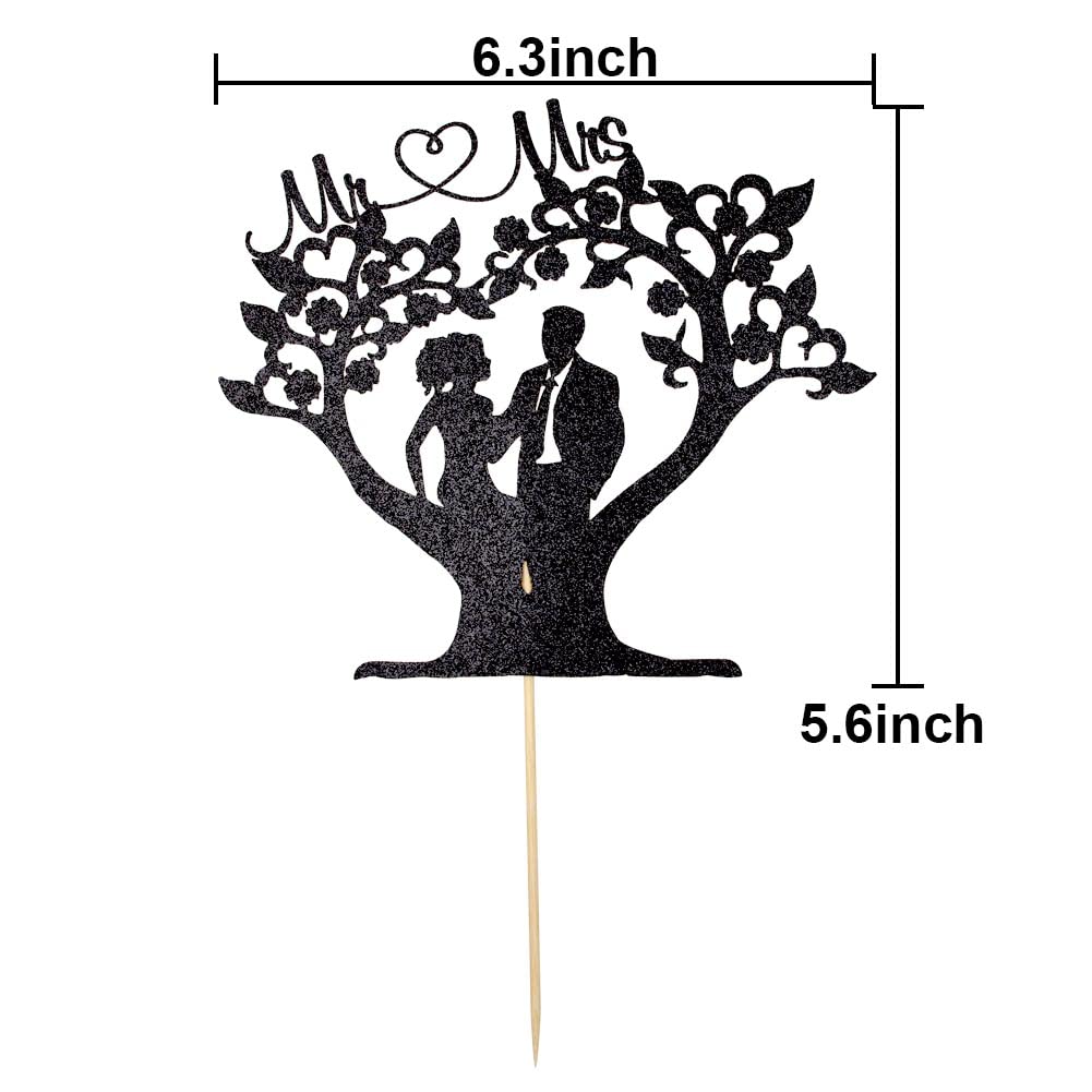 Romantic Mr & Mrs Under the Tree Wedding Cake Topper, Bride and Groom, Funny Love Cake Party Decorations, Black Glitter