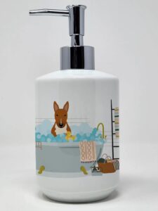 caroline's treasures wdk5831soap red bull terrier in bathtub ceramic soap dispenser hand soap dispenser pump bottles for bathroom kitchen, empty refillable liquid soap container