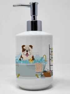 caroline's treasures wdk5818soap brindle white english bulldog in bathtub ceramic soap dispenser hand soap dispenser pump bottles for bathroom kitchen, empty refillable liquid soap container