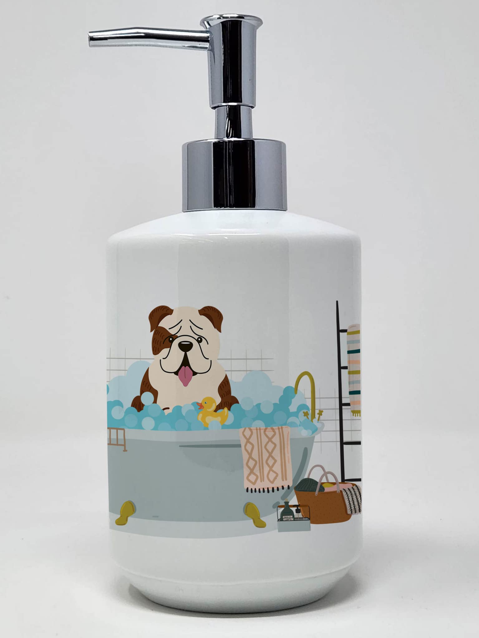 Caroline's Treasures WDK5818SOAP Brindle White English Bulldog in Bathtub Ceramic Soap Dispenser Hand Soap Dispenser Pump Bottles for Bathroom Kitchen, Empty Refillable Liquid Soap Container