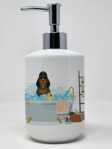 caroline's treasures wdk5790soap black tan cocker spaniel in bathtub ceramic soap dispenser hand soap dispenser pump bottles for bathroom kitchen, empty refillable liquid soap container