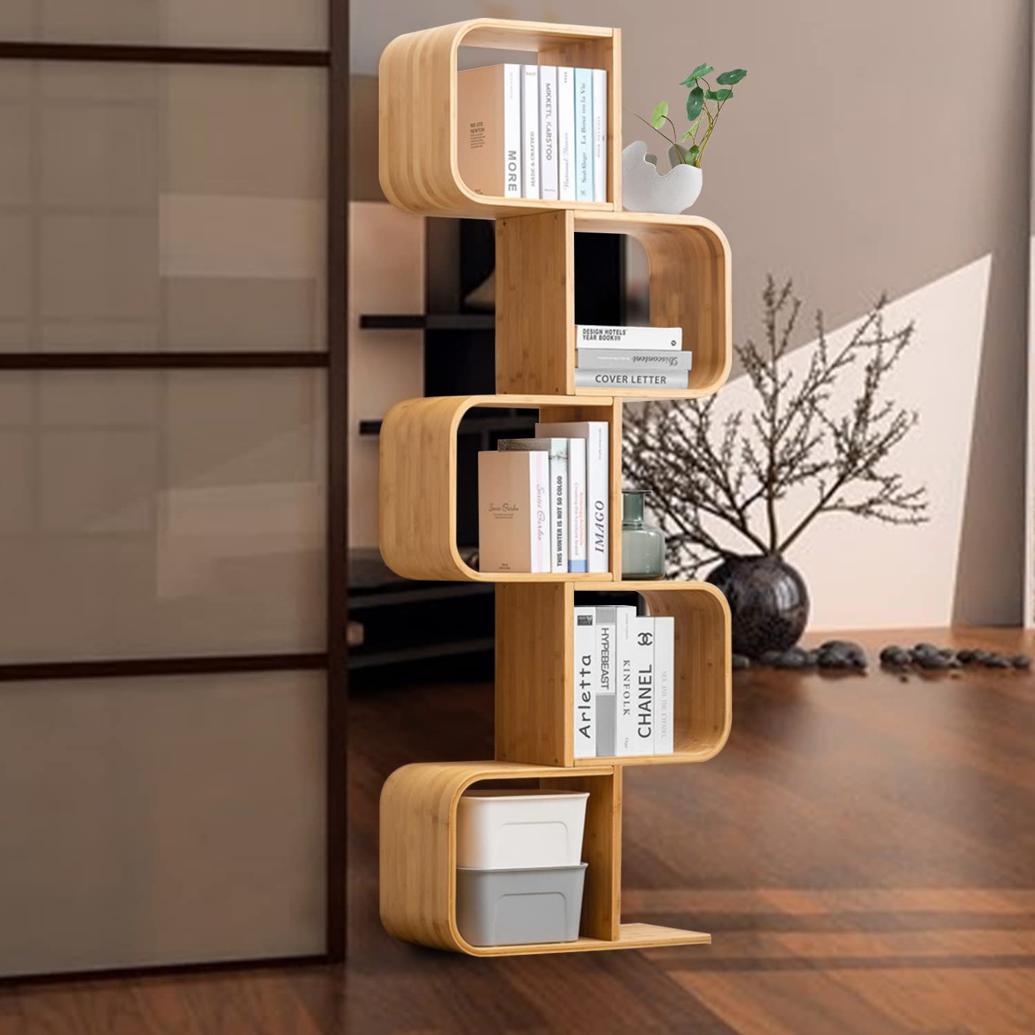 5-Tier S-Shaped Geometric Modern Bamboo Bookshelf, Large Capacity Creative Display Curved Rack Free-Standing Bedside Table 2 in 1 Bookcase Storage CDs, DVDs Book Shelf for Home, Office, Living Room