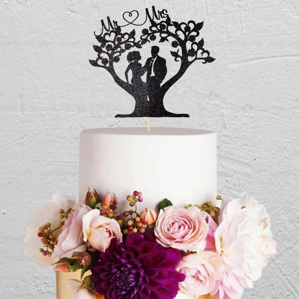 Romantic Mr & Mrs Under the Tree Wedding Cake Topper, Bride and Groom, Funny Love Cake Party Decorations, Black Glitter