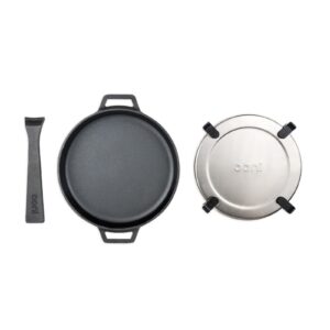 ooni cast iron skillet pan - 9" round cast iron skillet with removable handle and sainless steel trivet, cast iron frying pan, pre-seasoned non-stick oven safe cookware, pizza oven and bbq accessories