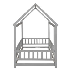 i-POOK Twin Size House Bed Wooden Floor Bed with Roof and Fence Guardrails Montessori Bed Playhouse Bed for Children Girls and Boys, Gray(No Bed Slats)