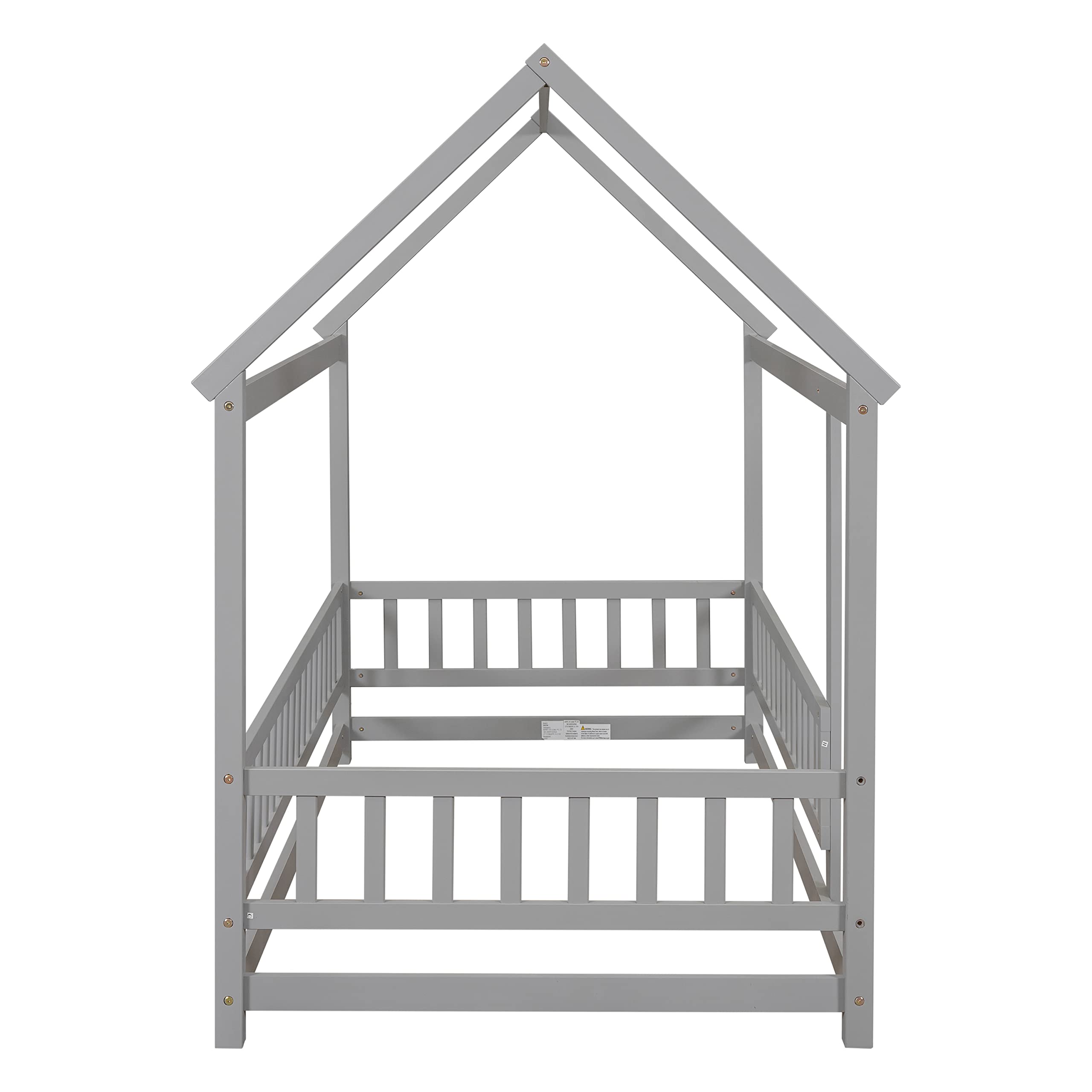 i-POOK Twin Size House Bed Wooden Floor Bed with Roof and Fence Guardrails Montessori Bed Playhouse Bed for Children Girls and Boys, Gray(No Bed Slats)