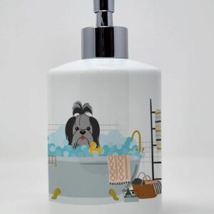 Caroline's Treasures WDK5786SOAP Black Silver Shih Tzu in Bathtub Ceramic Soap Dispenser Hand Soap Dispenser Pump Bottles for Bathroom Kitchen, Empty Refillable Liquid Soap Container