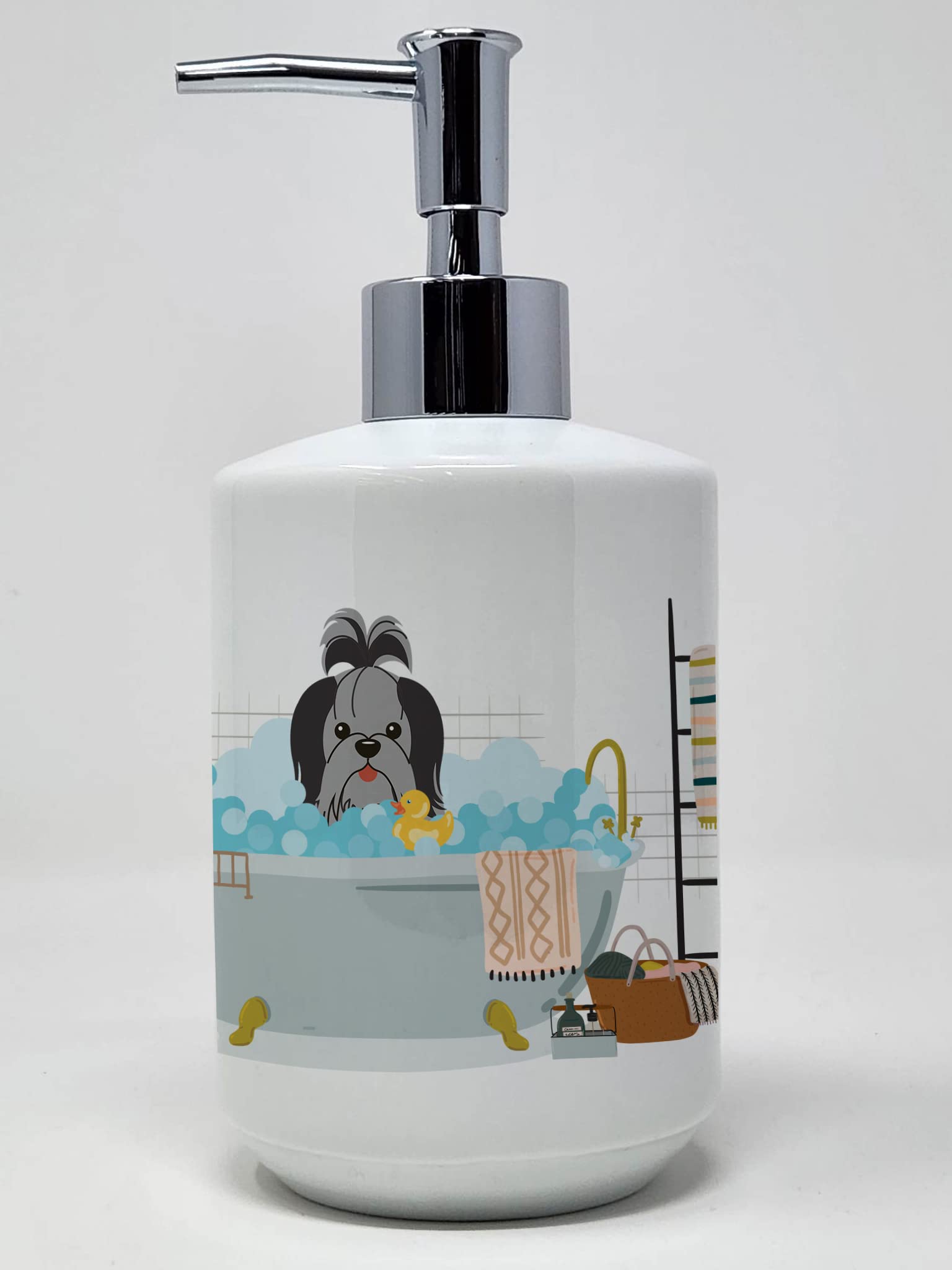 Caroline's Treasures WDK5786SOAP Black Silver Shih Tzu in Bathtub Ceramic Soap Dispenser Hand Soap Dispenser Pump Bottles for Bathroom Kitchen, Empty Refillable Liquid Soap Container