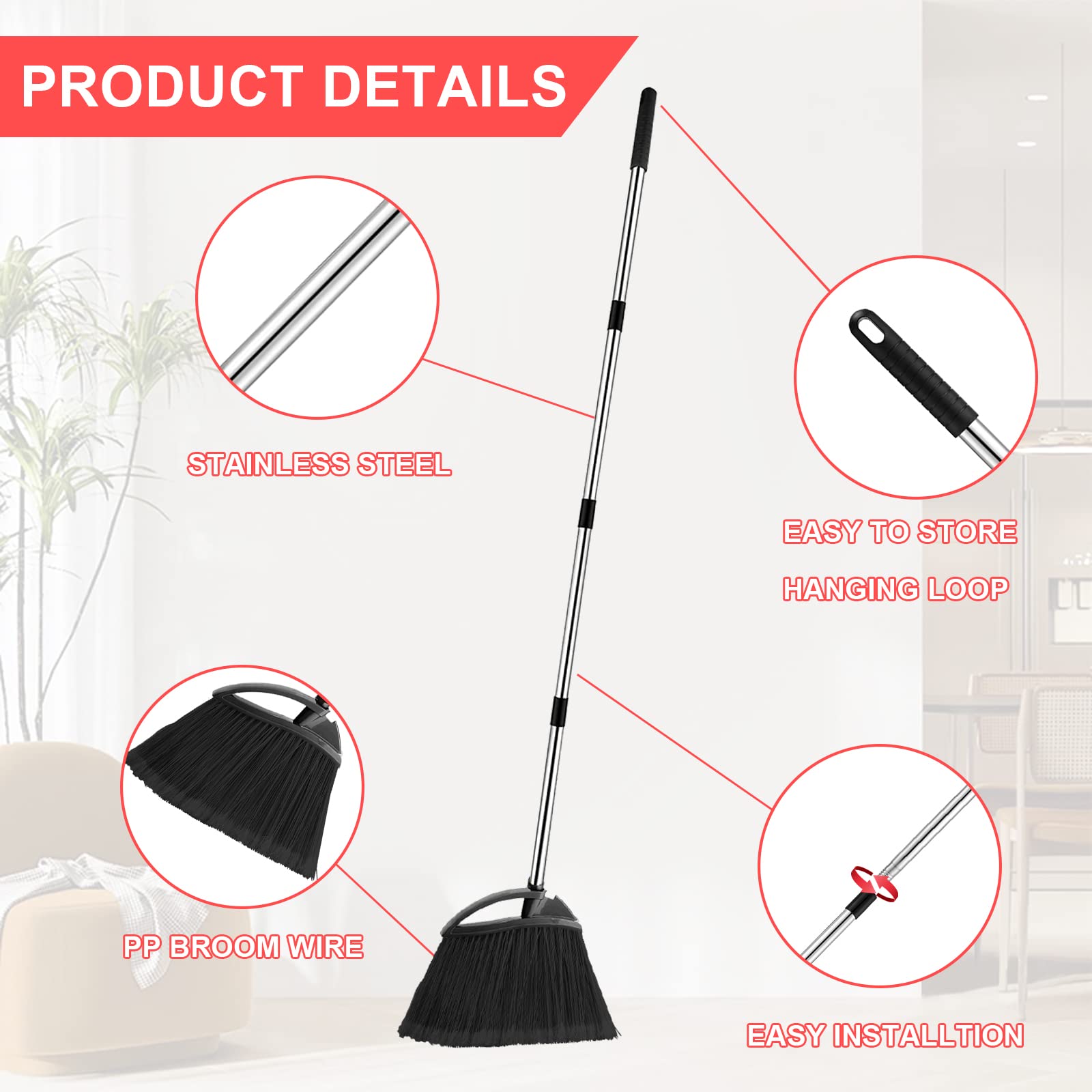 Merkaunis 8 Pcs Heavy Duty Commercial Broom Bulk 52 Inch Indoor Outdoor Broom with Long Handle Heavy Duty Angle Broom with Four-Section Telescopic Rod for Garden Garage House Kitchen Office Floor