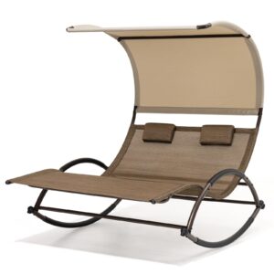 Crestlive Products Outdoor Double Chaise Lounge Chair with Canopy & Wheels, 2 Person Patio Rocking Lounge Chair with Sun Shade & Headrests for Garden, Backyard, Poolside (Brown)