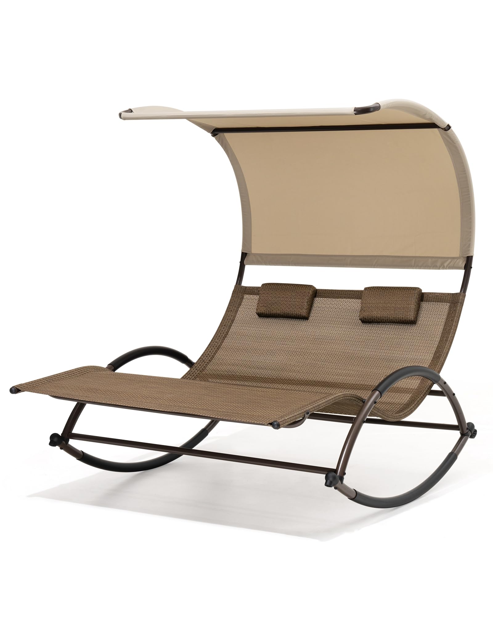 Crestlive Products Outdoor Double Chaise Lounge Chair with Canopy & Wheels, 2 Person Patio Rocking Lounge Chair with Sun Shade & Headrests for Garden, Backyard, Poolside (Brown)