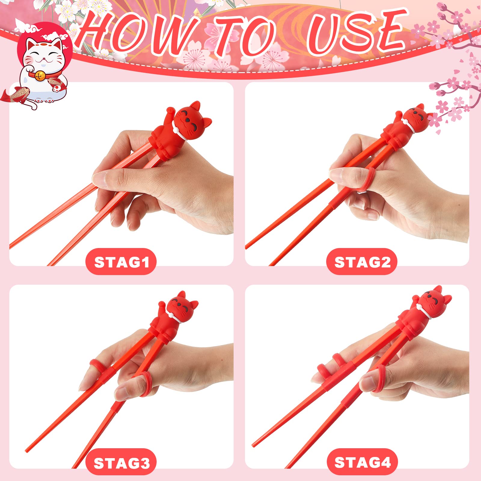 Nuanchu 4 Pairs Training Chopsticks for Kids Beginner Adult Cute Tableware Reusable with Attachable Learning Chopstick Helper, 4 Colors, Lucky Cat