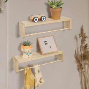 Mazjoaru Nursery Book Shelves for Wall Set of 3, Natural Wood Bookshelves Wall Decor, Small Floating Shelf Organizer for Kids Room, Bedroom, Kitchen Spice Rack