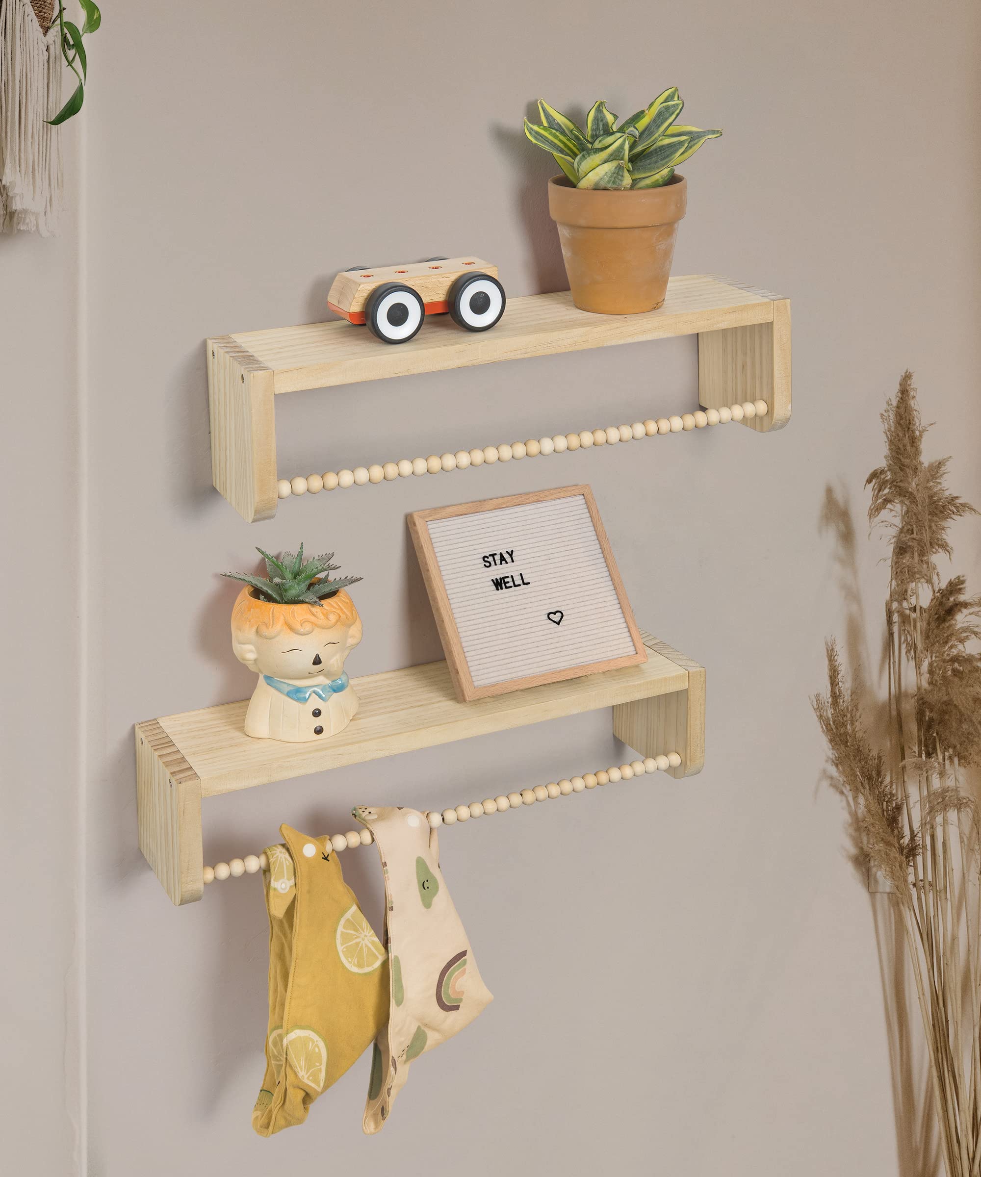 Mazjoaru Nursery Book Shelves for Wall Set of 3, Natural Wood Bookshelves Wall Decor, Small Floating Shelf Organizer for Kids Room, Bedroom, Kitchen Spice Rack