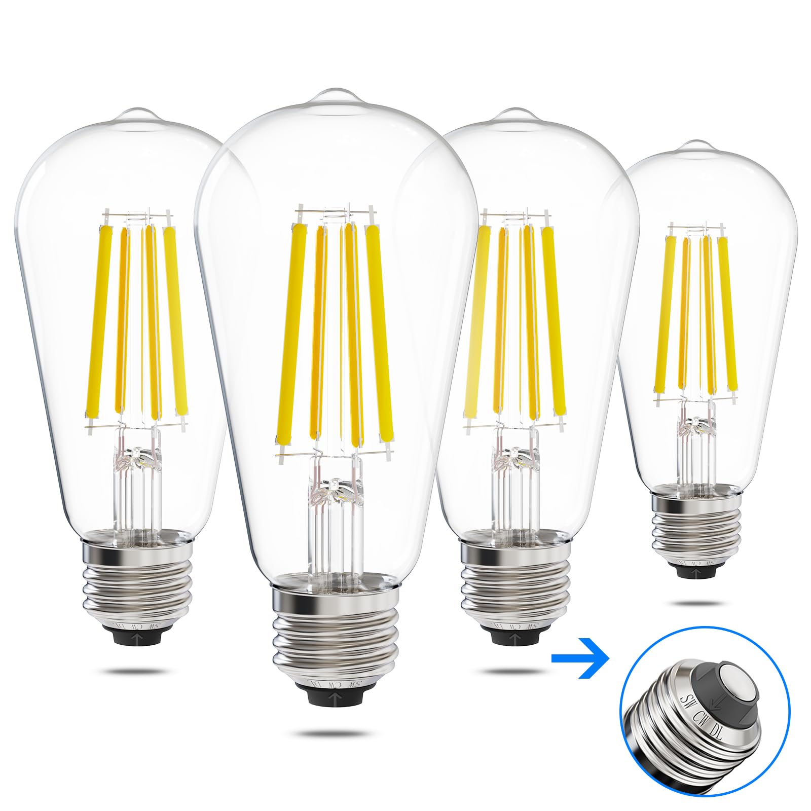 E ENERGETIC LIGHTING ST58/ST18, LED Filament Light Bulbs, 3CCT, 2700K/4000K/5000K,High Brightness, 7W, 60 W Equivalent,Classic Clear Glass, E26, 4 Pack