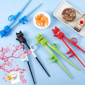 Nuanchu 4 Pairs Training Chopsticks for Kids Beginner Adult Cute Tableware Reusable with Attachable Learning Chopstick Helper, 4 Colors, Lucky Cat