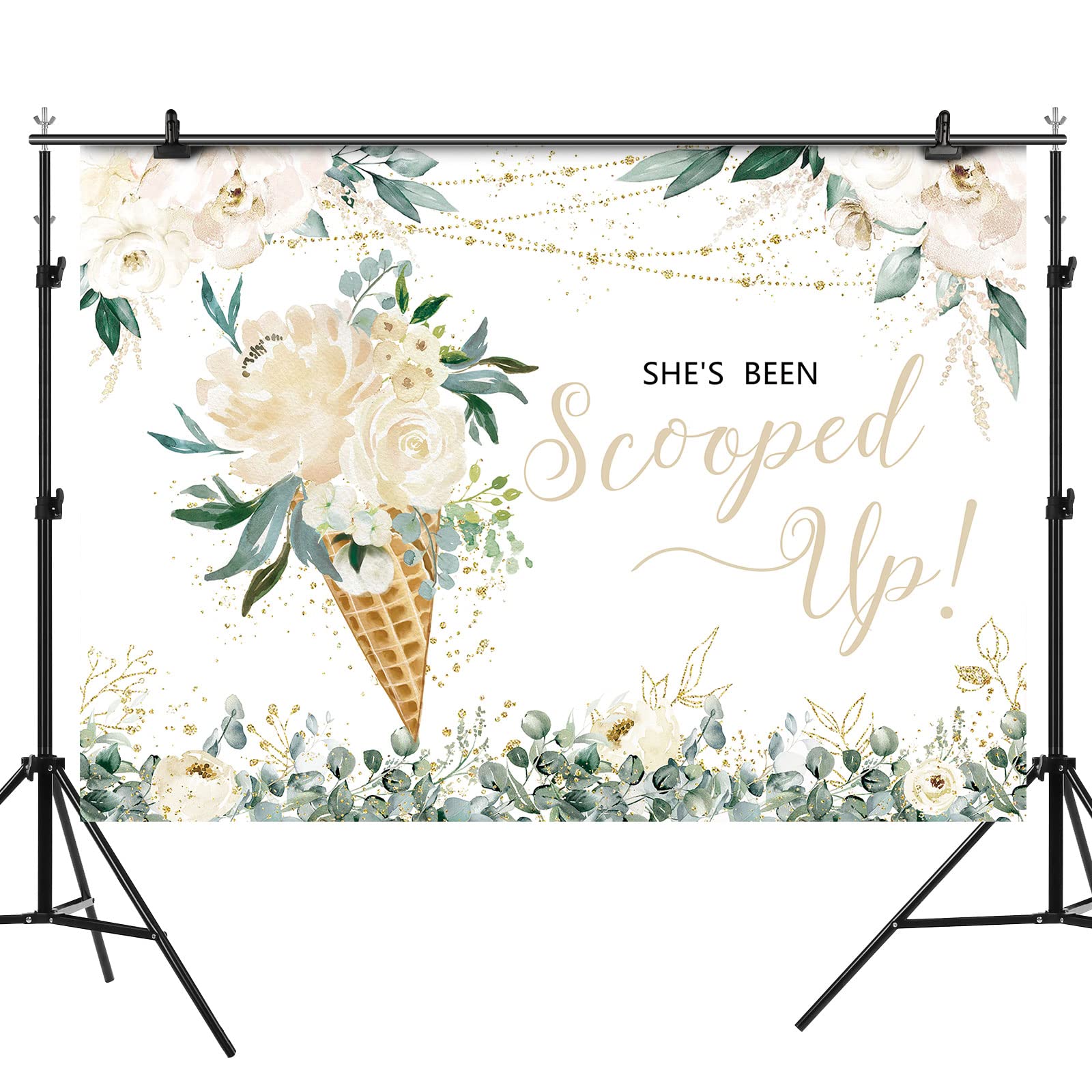 Rsuuinu Ice Cream Bridal Shower Backdrop She's Been Scooped Up White Flowers Green Leaves Photography Background Bridal Shower Party Decorations Cake Table Banner Supplies Photo Booth Props 7x5ft