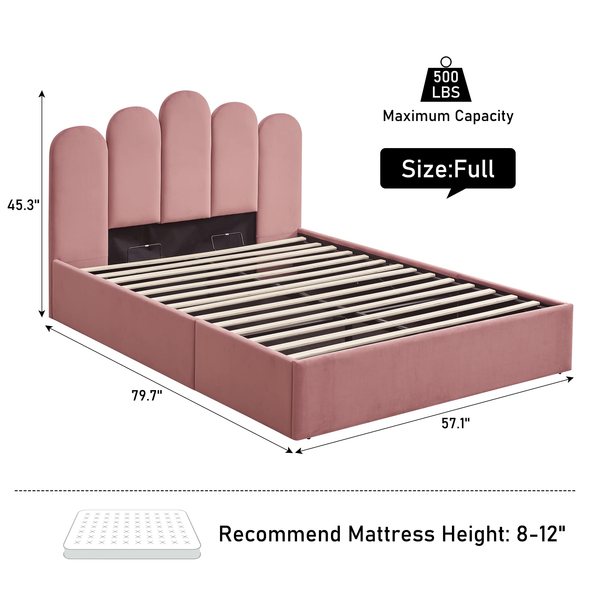 Zanmintaobo Lift Up Storage Bed Full Size, Upholstered Platform Bed with Hydraulic Storage System & Wood Slats Support, Full Bed Frame with Headboard, No Box Spring Needed, Easy Assembly, Pink