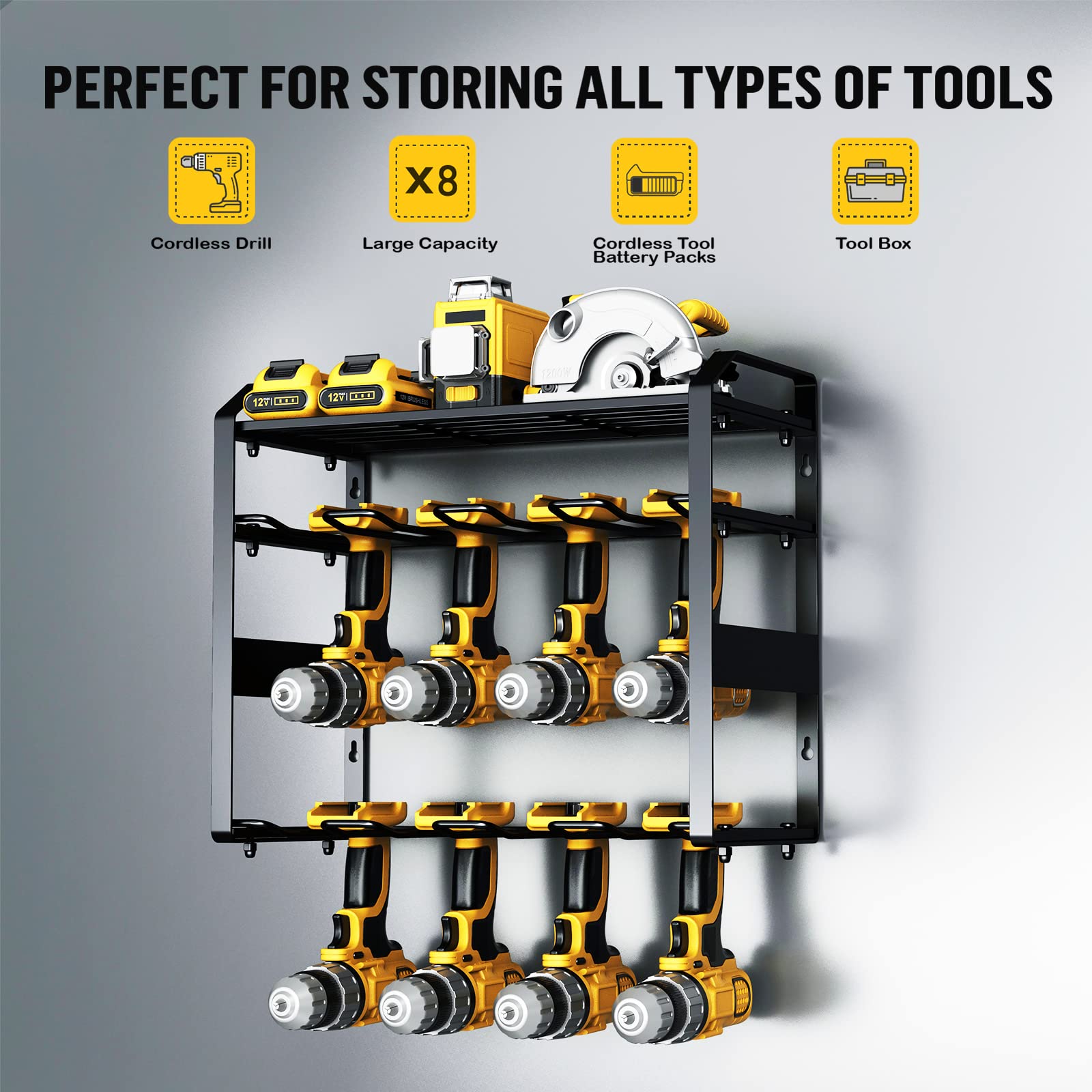 Power Tool Organizer Heavy Duty, Wall Mounted Utility Storage Rack with 8 Drill Slots and Extra-Large Capacity, Garage Tool Organizers and Storage, Floating Shelf for Drills, etc