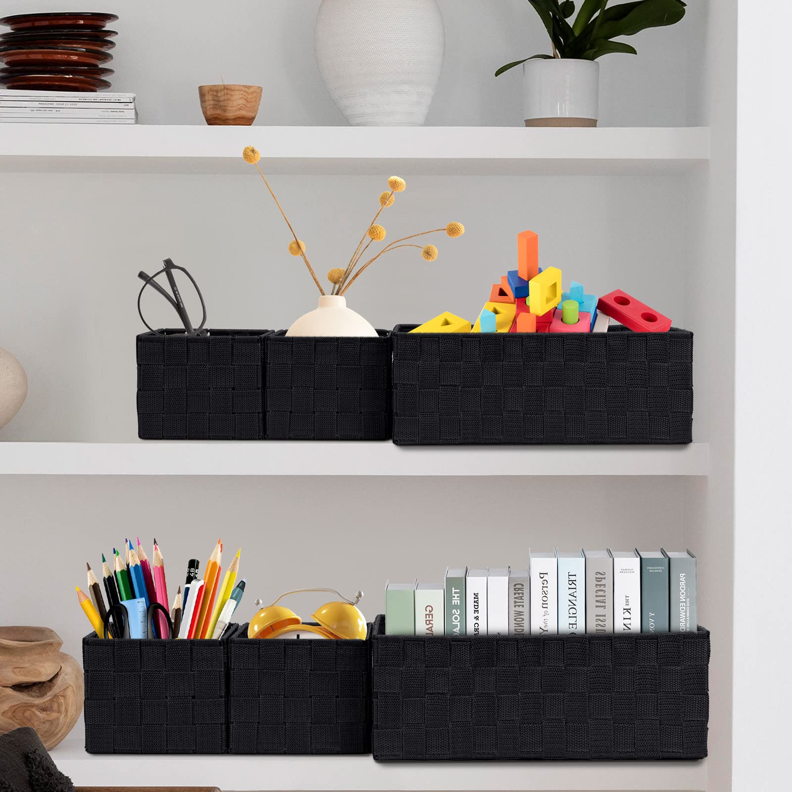 Posprica Woven Storage Baskets for Organizing 6 Pack, Large&Small Storage Cube Bins Set for Bathroom, Storage Boxes Container for Drawer, Closet, Shelf, Dresser, Black