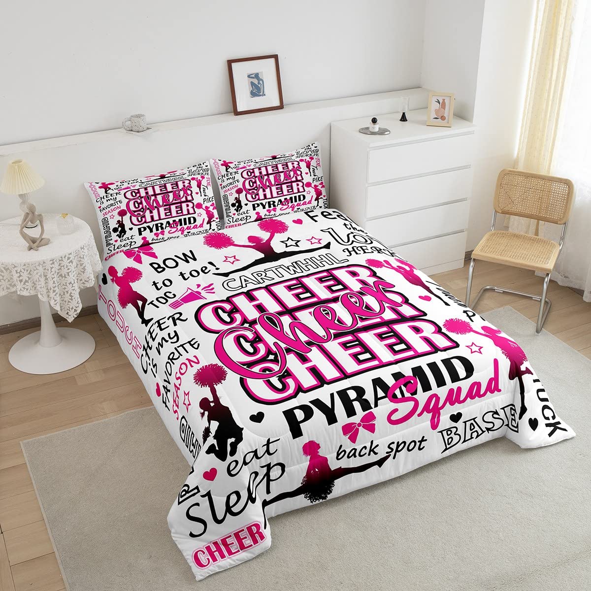 Gymnastics Lovers Girls Comforter Set Full Size,Cheerleader Silhouette Bedding Set for Kids Teens Woman,Plaid Patchwork Quilt Set Cheerleader Gift,Cheerleading Quotes Duvet Insert with 2 Pillowcases