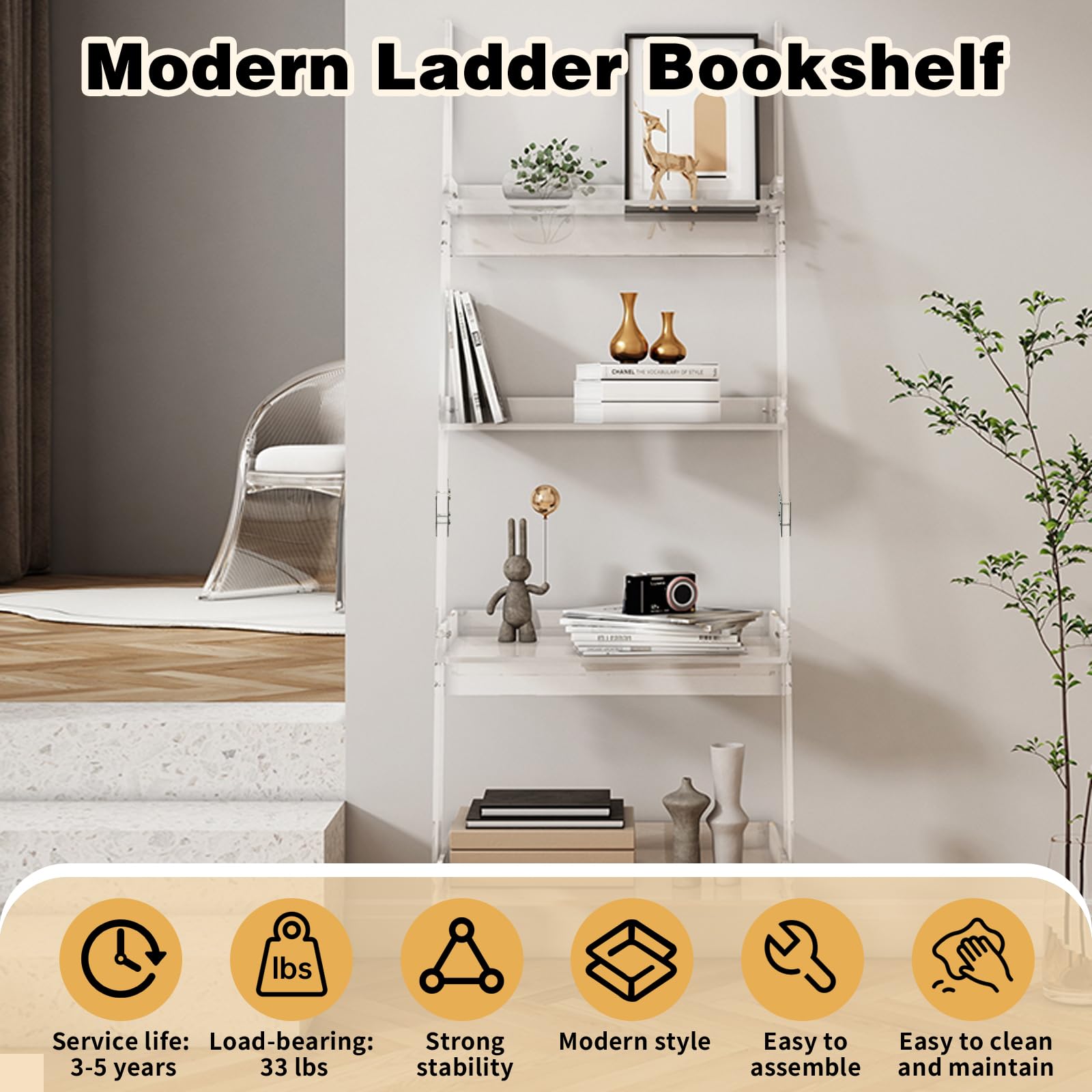 Nalwort Acrylic Ladder Bookshelf, 4-Tier Clear Leaning Book Shelf, Large Unique Bookcase, Storage Organizer Shelf for Bedroom, Living Room, Office, 72" H x 21" W x 14" D