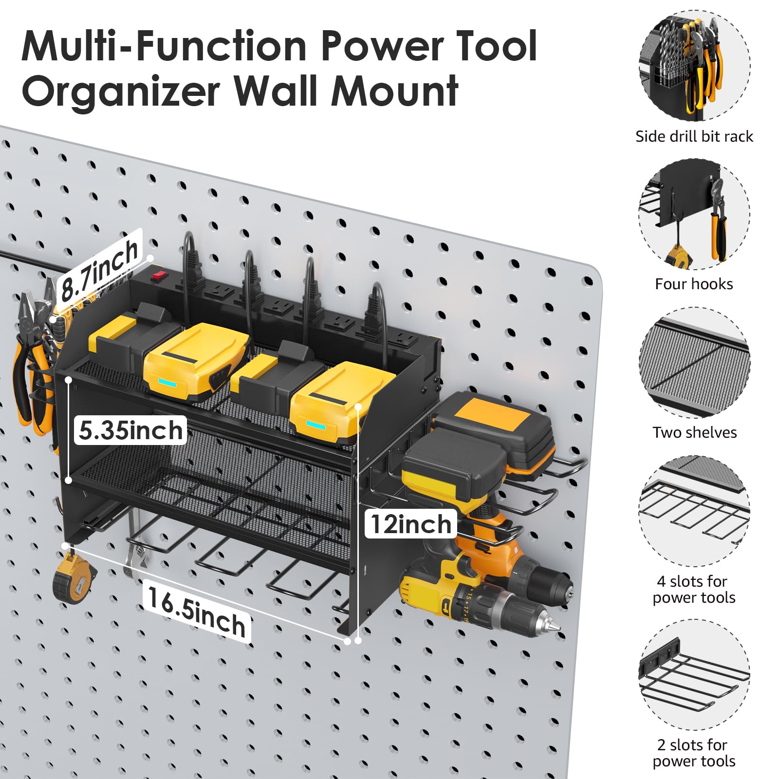 CCCEI Modular Power Tool Organizer Wall Mount Charging Station, Black 6 Drills Holder with 8 Plug Power Strip, Garage Drill Battery Heavy Duty Metal Shelf, Utility Rack with Hooks, Side Storage.