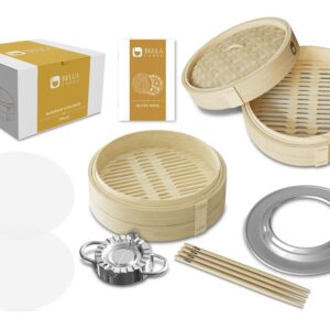 BELLA COOKS Bamboo Steamer for Cooking - Steamer Basket with a Ring - Fits every Pan & Pot - Dumpling Steamer - Incl. Extra Chopsticks & Silicone Liners