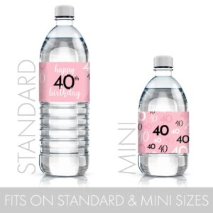 Pink, Black, and White 40th Birthday Party Water Bottle Labels - 24 Waterproof Wrappers, Pink Birthday Decoration for Women