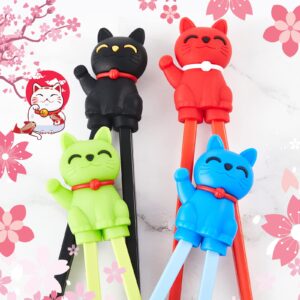 Nuanchu 4 Pairs Training Chopsticks for Kids Beginner Adult Cute Tableware Reusable with Attachable Learning Chopstick Helper, 4 Colors, Lucky Cat