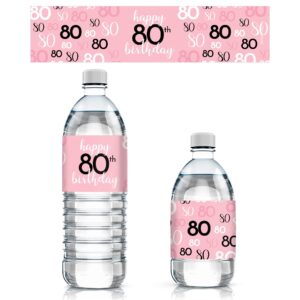 pink, black, and white 80th birthday party water bottle labels - 24 waterproof wrappers, 80th birthday decorations for women