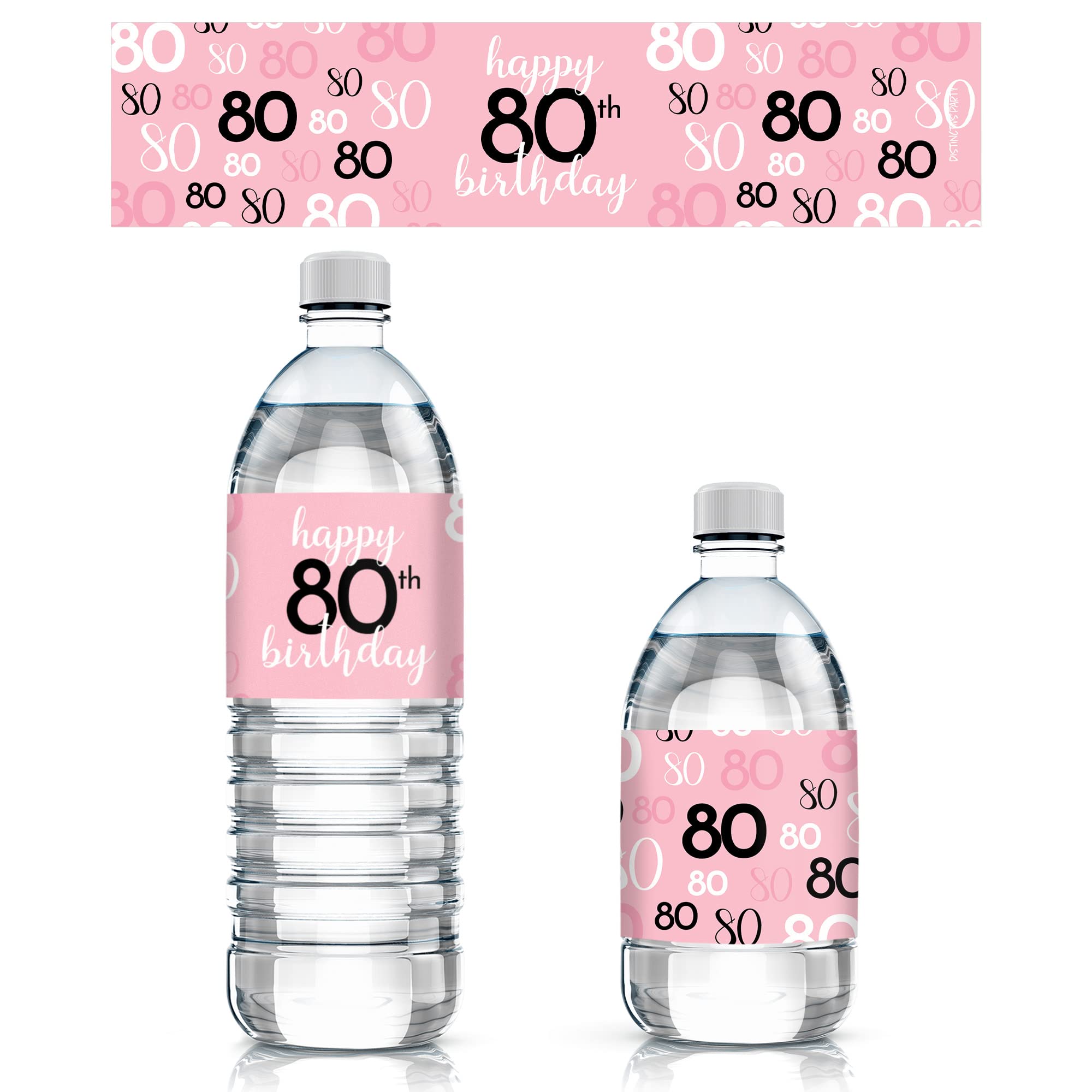 Pink, Black, and White 80th Birthday Party Water Bottle Labels - 24 Waterproof Wrappers, 80th Birthday Decorations for Women