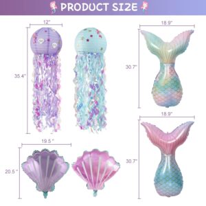 Mermaid Birthday Party Decorations Supplies Banner Tassel Garland Bubble Garland Hanging Jelly Fish Paper Lanterns Balloons Cake Topper Mermaid Happy Birthday Decorations for Kids Girls Women