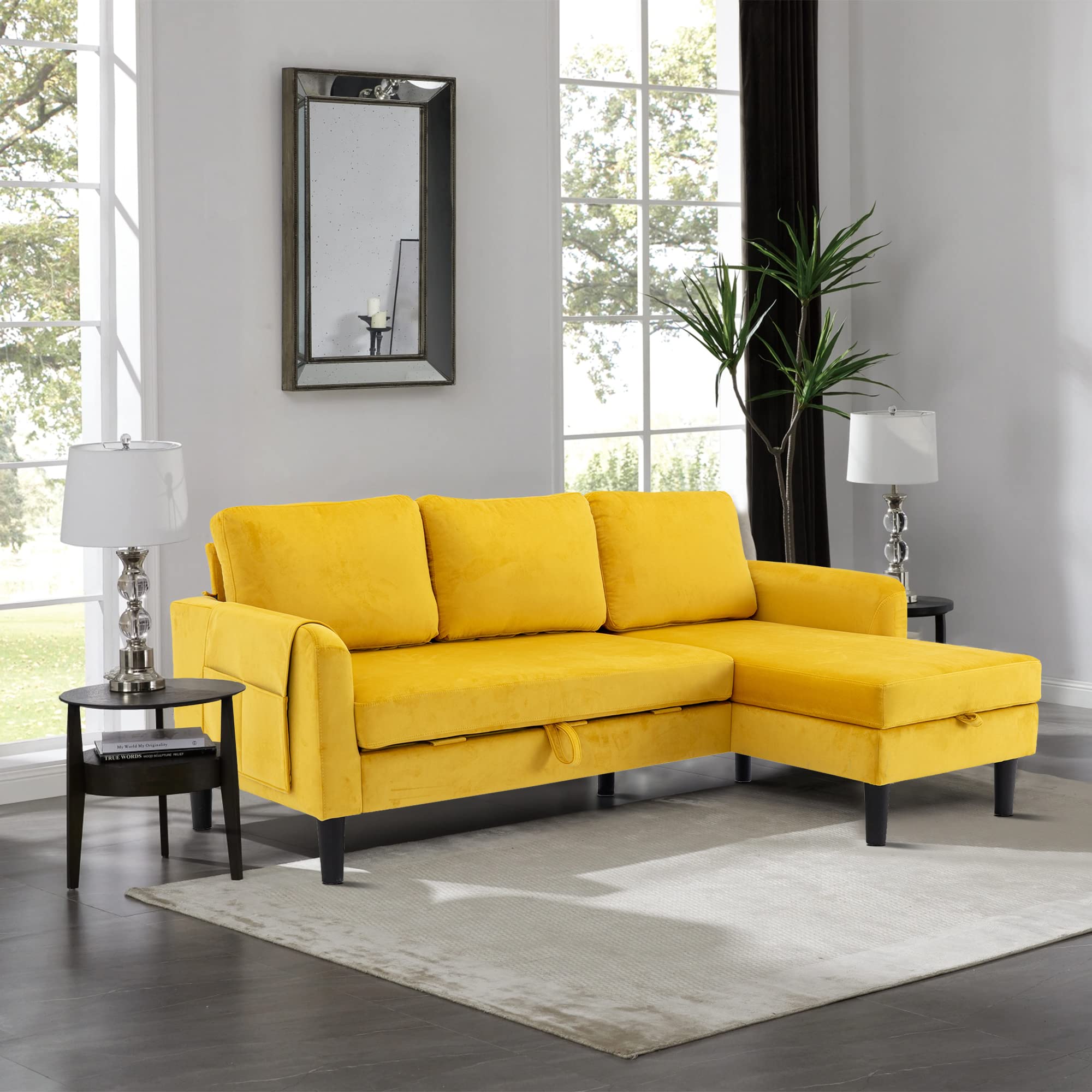 Hdxdkog L-Shaped Sectional Sofa with Pull-Out Bed 72" Sectional Sleeper Sofa Bed with Storage Chaise Lounge and Pocket, Upholstered Corner Couch for Living Room Home Office (Mustard)