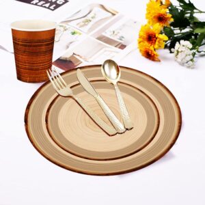 50Pcs Wood Grain Party Supplies Wood Paper Plates Set 9"Rustic Wood Slice Dinner Plates,7"Woodland Plates Camp-Fire Camping Party Supplies Woodland Baby Shower Lumberjack Birthday Party Decorations