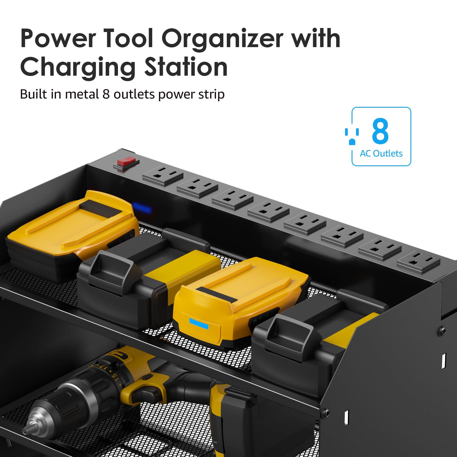 CCCEI Modular Power Tool Organizer Wall Mount Charging Station, Black 6 Drills Holder with 8 Plug Power Strip, Garage Drill Battery Heavy Duty Metal Shelf, Utility Rack with Hooks, Side Storage.