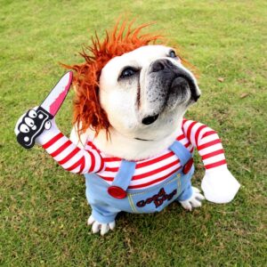 Chucky Deadly Pet Dog Costume Halloween Clothes Wig and Knife Novelty Funny Scary Props Outfit Apparel Accessories(Medium, pet Costume)