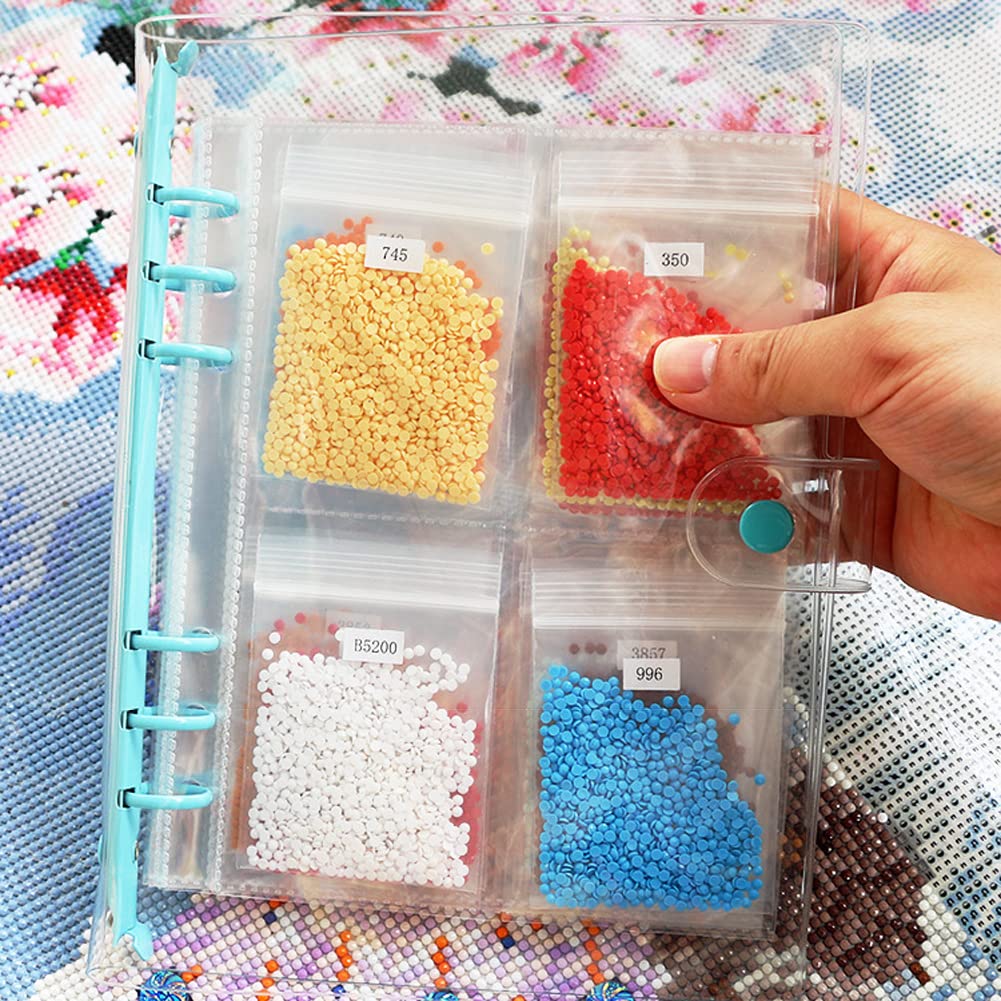 mollensiuer 1Pc Diamond-Paint Beads Storage Book Diamond-Paint Tools Kit Diamond-Paint Storage Diamond Container with Pockets, Self-Sealing Bags, Binder Pockets, Diamond-Paint Number Stickers, Blue