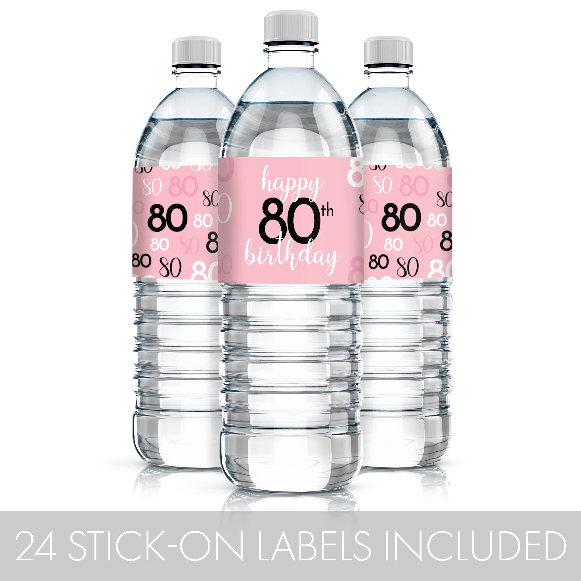 Pink, Black, and White 80th Birthday Party Water Bottle Labels - 24 Waterproof Wrappers, 80th Birthday Decorations for Women