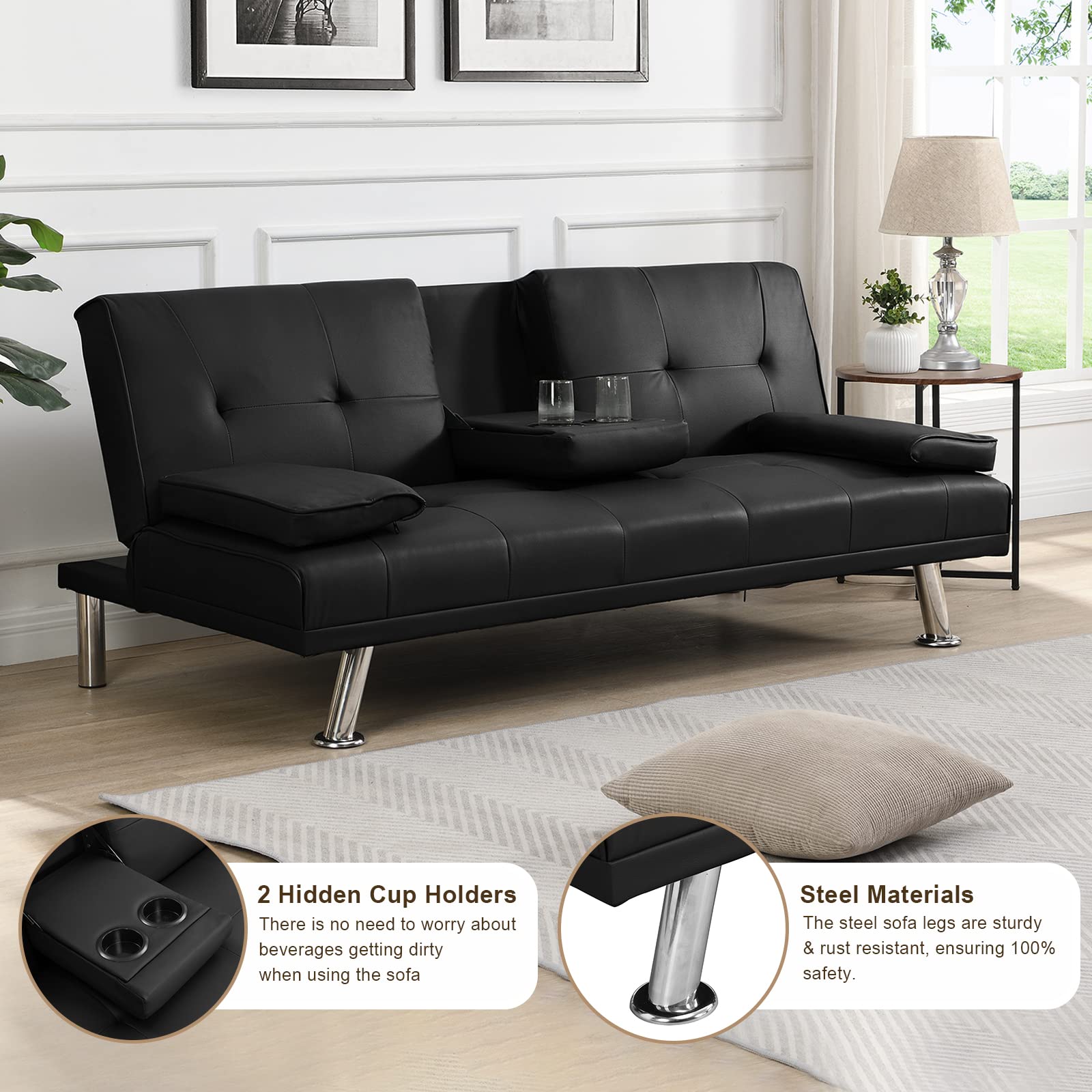 GEEVIVO Futon Sofa Bed, Modern Leather Living Room Sofa, Loveseat Folding Convertible Sofa, Couch Bed Sofa Pull Out with 2 Cup Holders with Armrest in The Middle(Black)