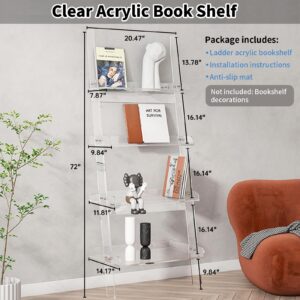 Nalwort Acrylic Ladder Bookshelf, 4-Tier Clear Leaning Book Shelf, Large Unique Bookcase, Storage Organizer Shelf for Bedroom, Living Room, Office, 72" H x 21" W x 14" D