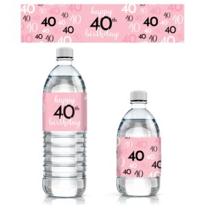 pink, black, and white 40th birthday party water bottle labels - 24 waterproof wrappers, pink birthday decoration for women