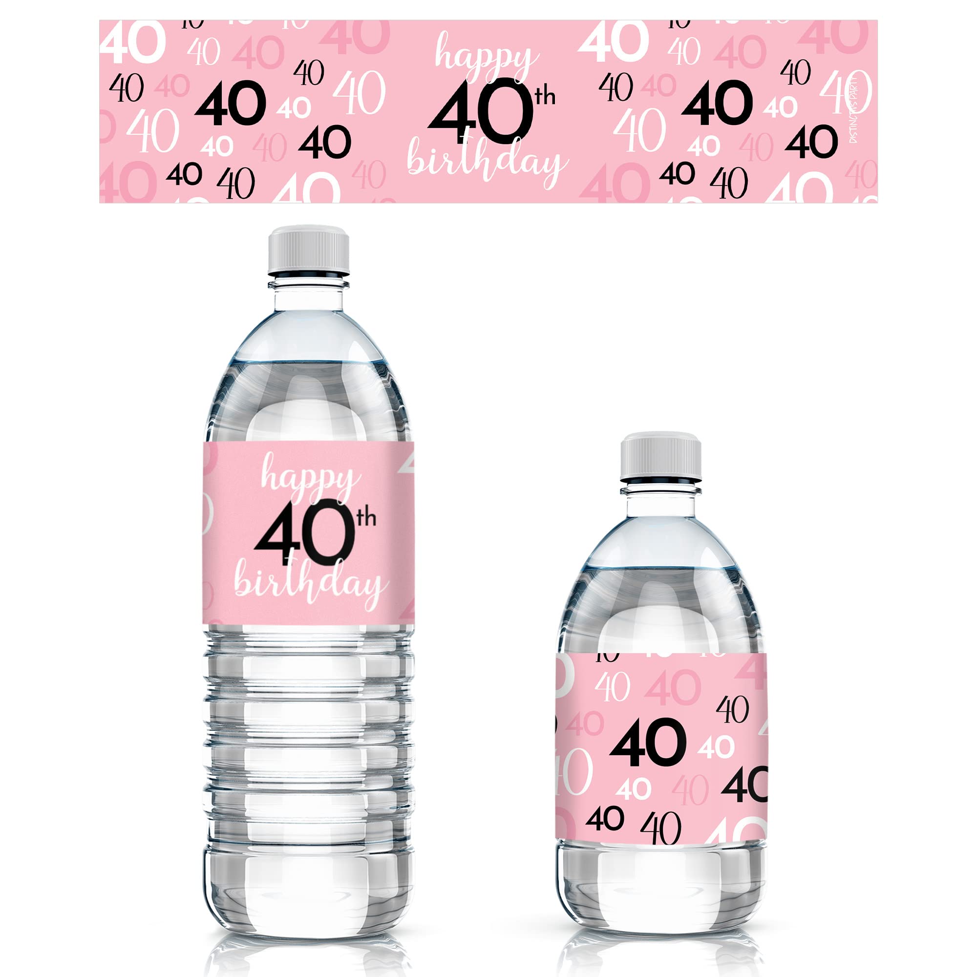 Pink, Black, and White 40th Birthday Party Water Bottle Labels - 24 Waterproof Wrappers, Pink Birthday Decoration for Women