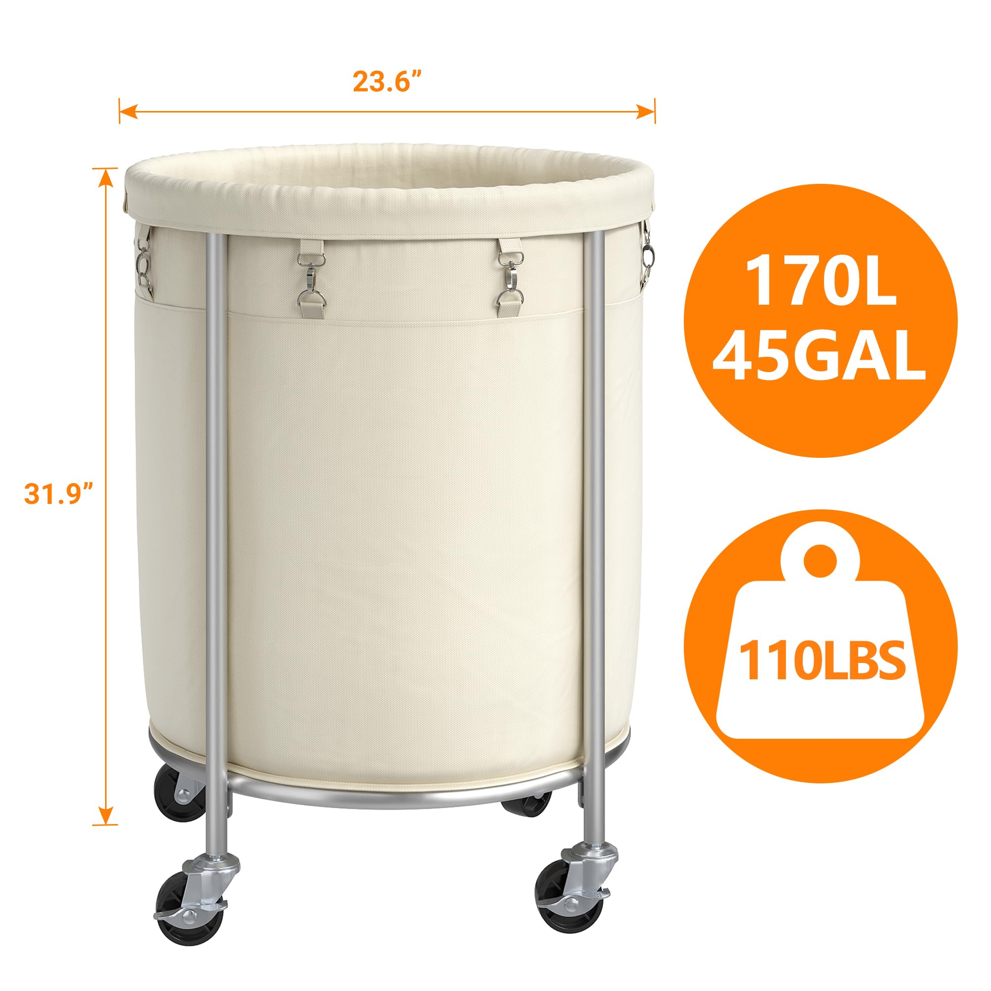 ELYKEN Laundry Basket with Wheels, 170L Rolling Laundry Hamper with Removable Bag and Steel Frame, Round Laundry Cart with 4 Casters and 2 Brakes, Ideal for Bedroom, Bathroom, Laundry Room, Cream