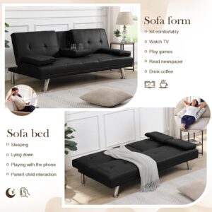 GEEVIVO Futon Sofa Bed, Modern Leather Living Room Sofa, Loveseat Folding Convertible Sofa, Couch Bed Sofa Pull Out with 2 Cup Holders with Armrest in The Middle(Black)