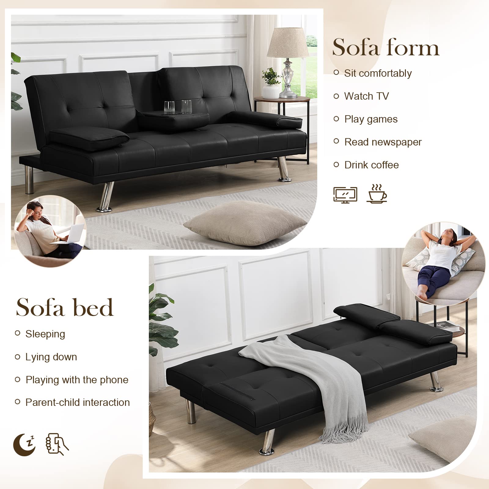 GEEVIVO Futon Sofa Bed, Modern Leather Living Room Sofa, Loveseat Folding Convertible Sofa, Couch Bed Sofa Pull Out with 2 Cup Holders with Armrest in The Middle(Black)